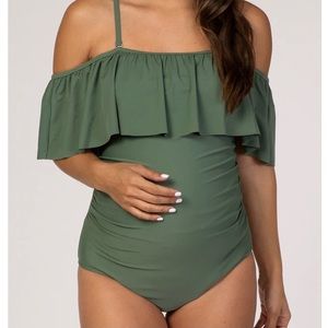 Olive ruffle trim ruched one piece maternity bathing suit
